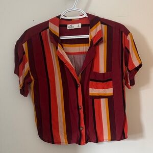 Hollister Cropped Button-Up Shirt with Multi-Color Vertical Stripes